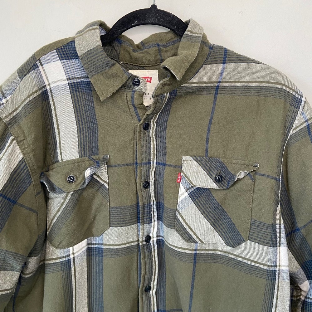 Levis Green Blue Plaid Flannel Shirt Jacket Sherpa Lined Insulated Size Medium - Picture 2 of 8